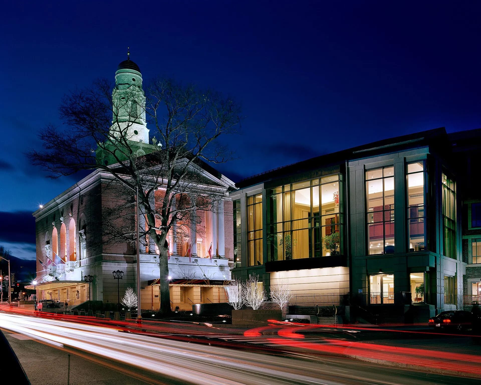 The Bushnell performing arts center illuminated at dusk in Hartford.