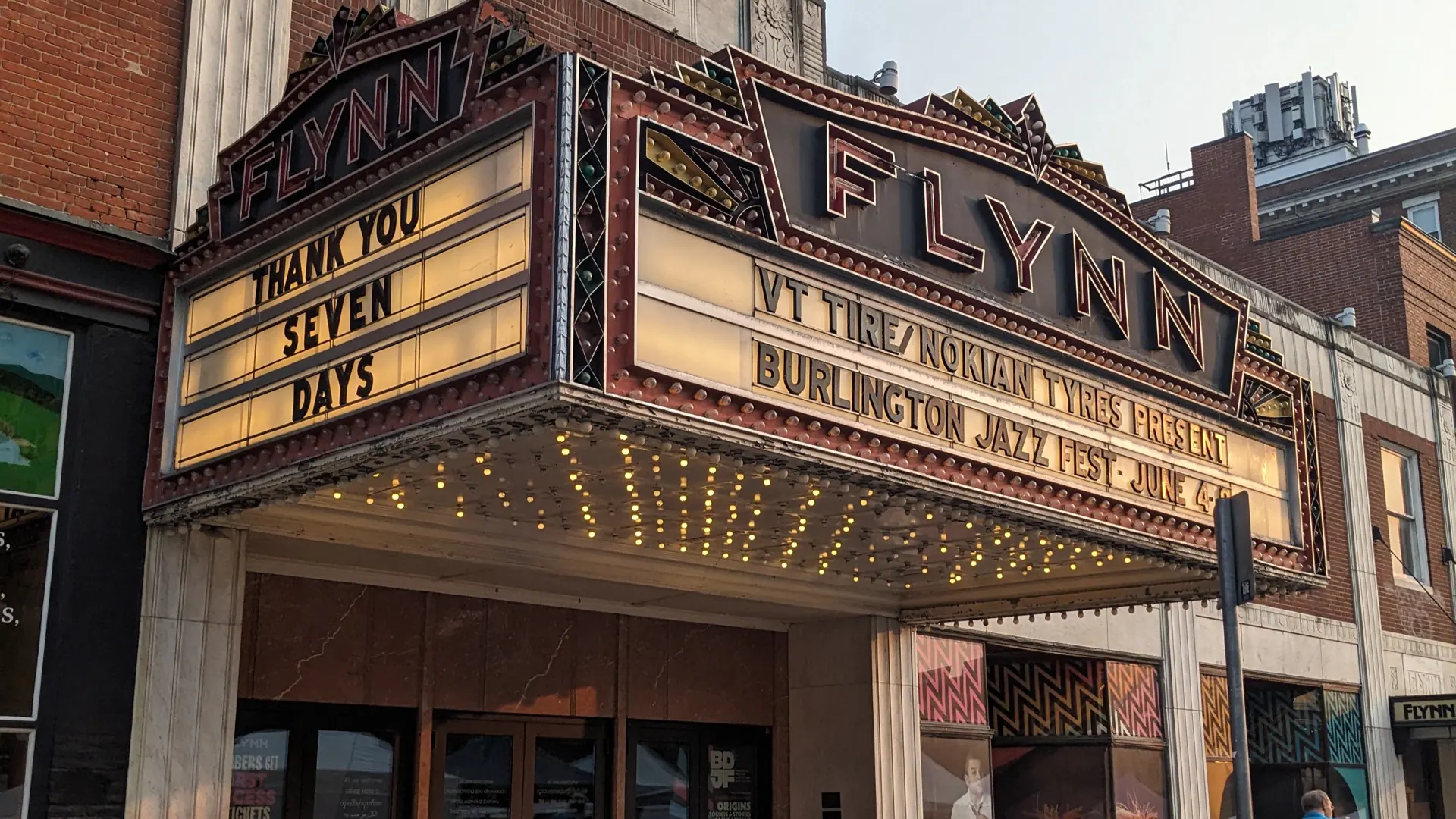Current 2025 view of The Flynn's entrance, marquee, and Main Street façade in downtown Burlington.