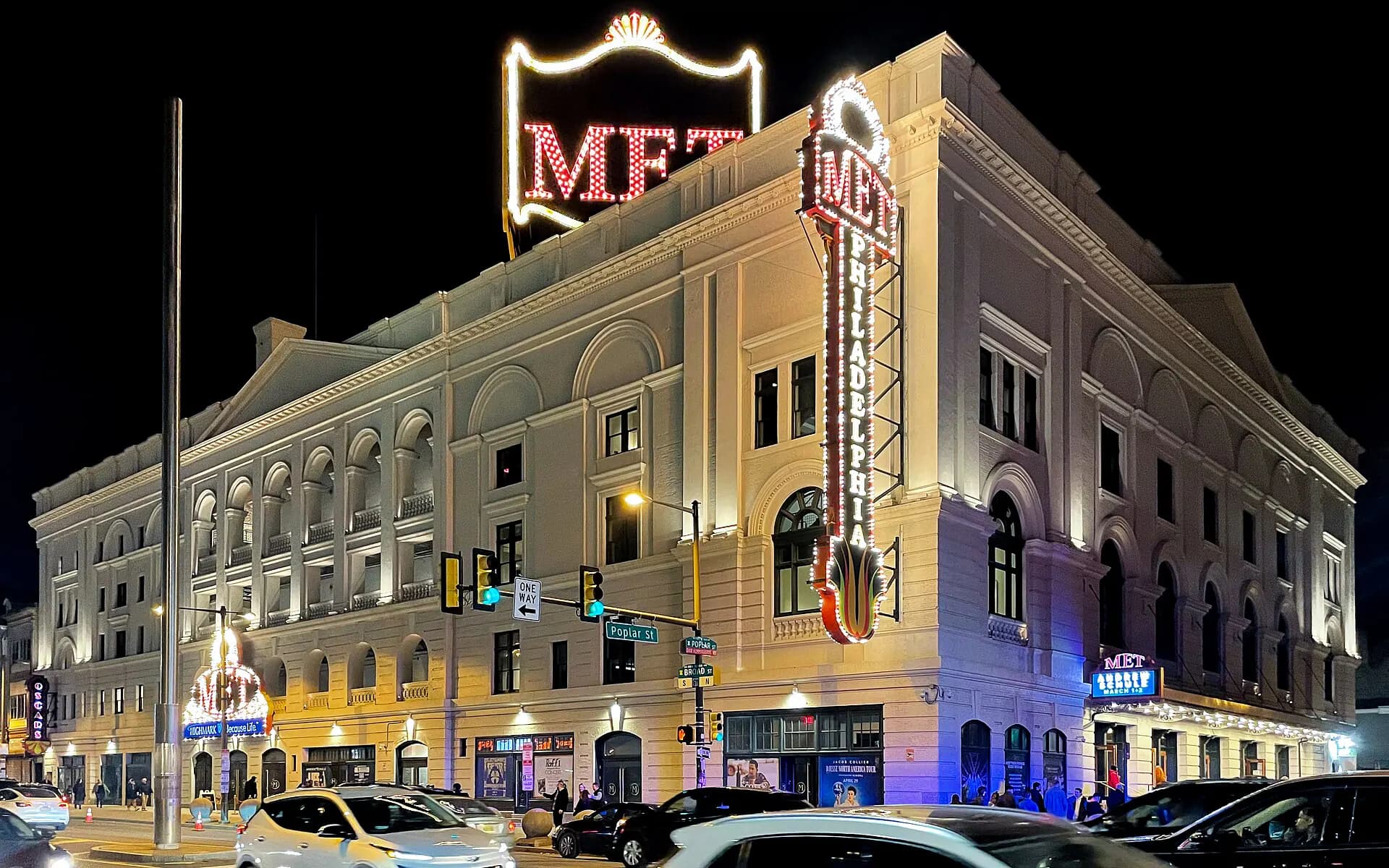 Restored exterior and marquee of The Met Philadelphia on North Broad Street.