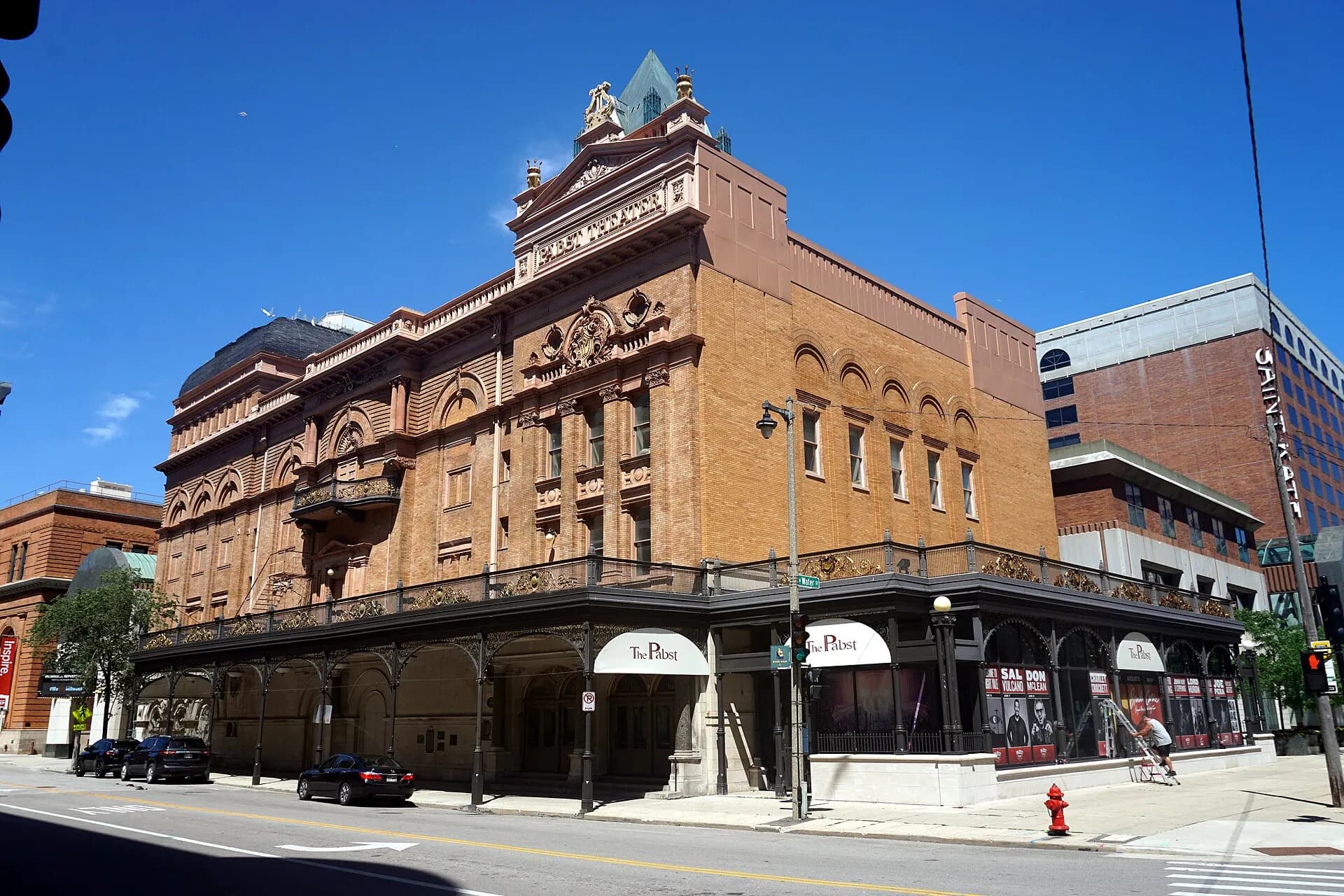 The Pabst Theater's ornate full facade and marquee in downtown Milwaukee.
