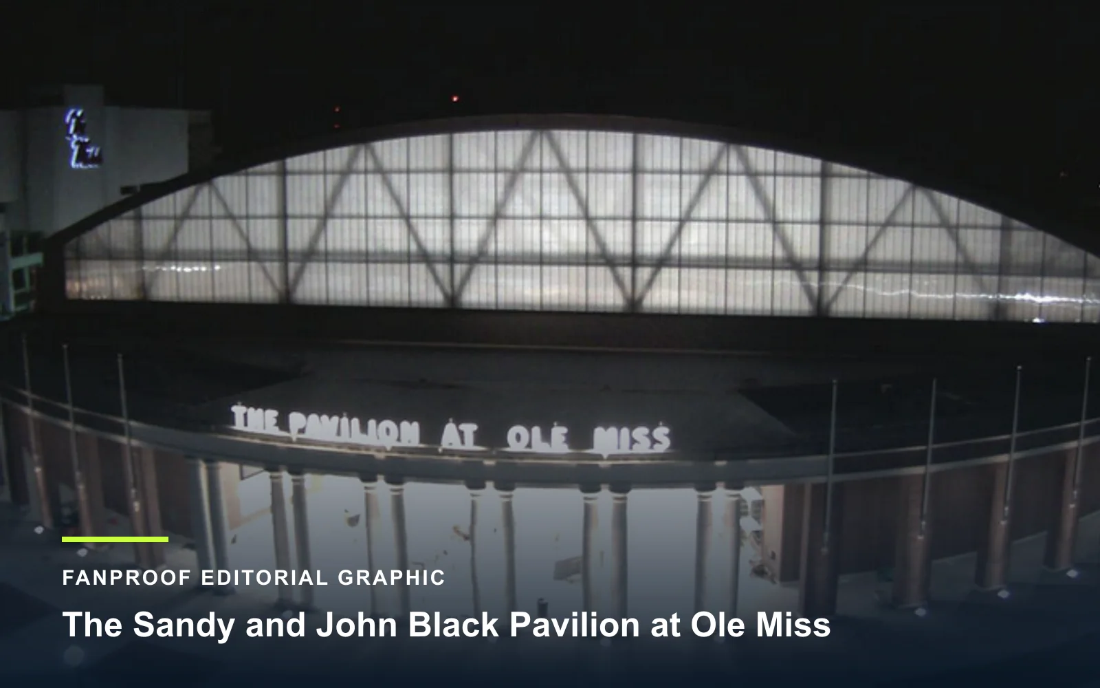 FanProof editorial graphic derived from a reuse-cleared view of The Sandy and John Black Pavilion at Ole Miss, home of Ole Miss basketball.