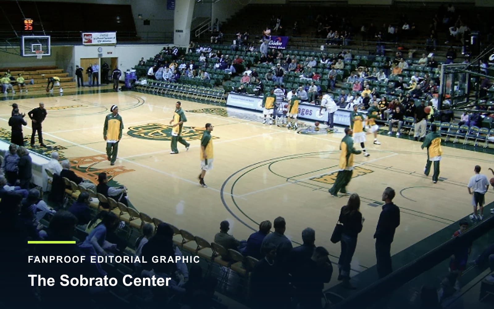 FanProof editorial graphic derived from a reuse-cleared view of The Sobrato Center, home of San Francisco basketball.