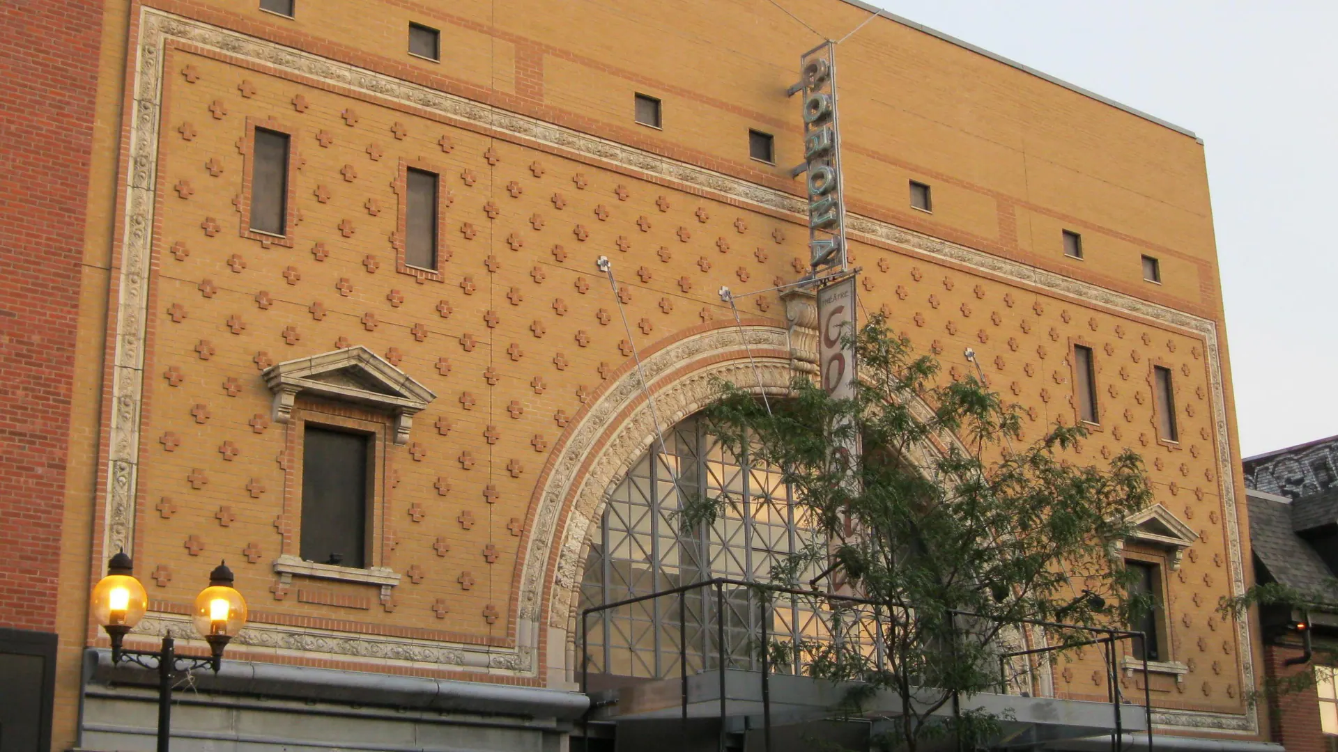 Full historic facade and entrance of Theatre Beanfield in Montreal