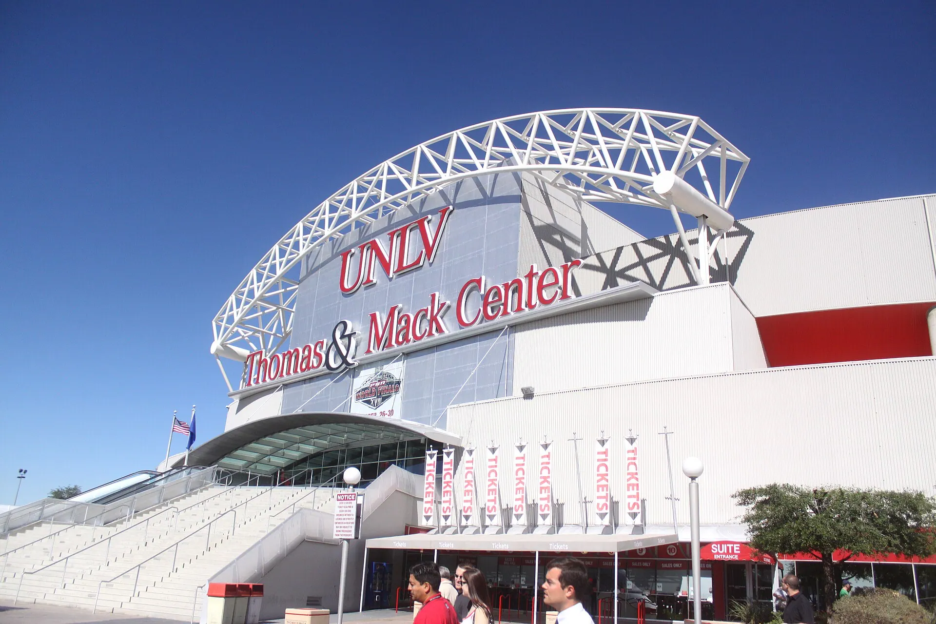 Broad exterior view of the Thomas & Mack Center facade in Las Vegas.