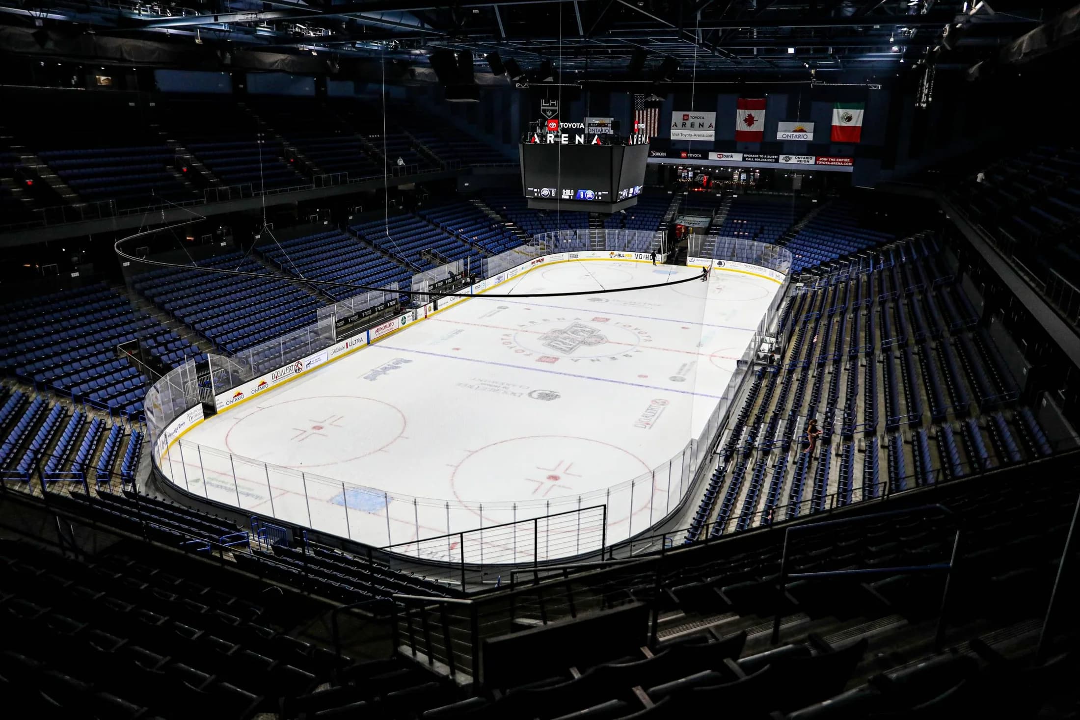 Toyota Arena’s hockey rink and surrounding seating, published by the Ontario Reign; event layout and capture date are unverified.
