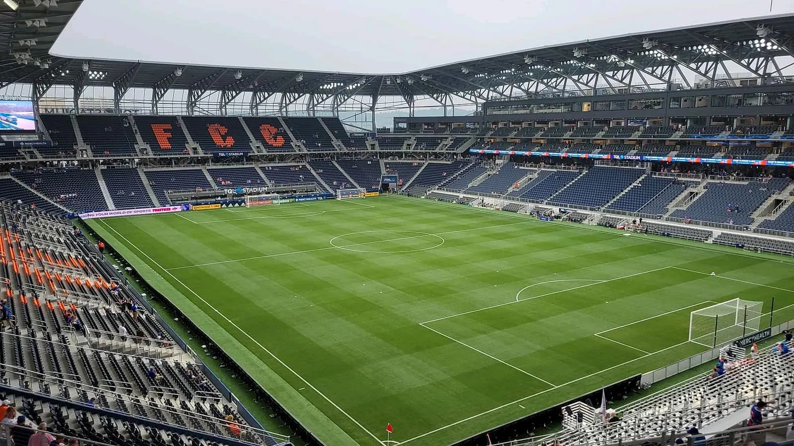 Wide interior view across the pitch and seating bowl at TQL Stadium in Cincinnati.