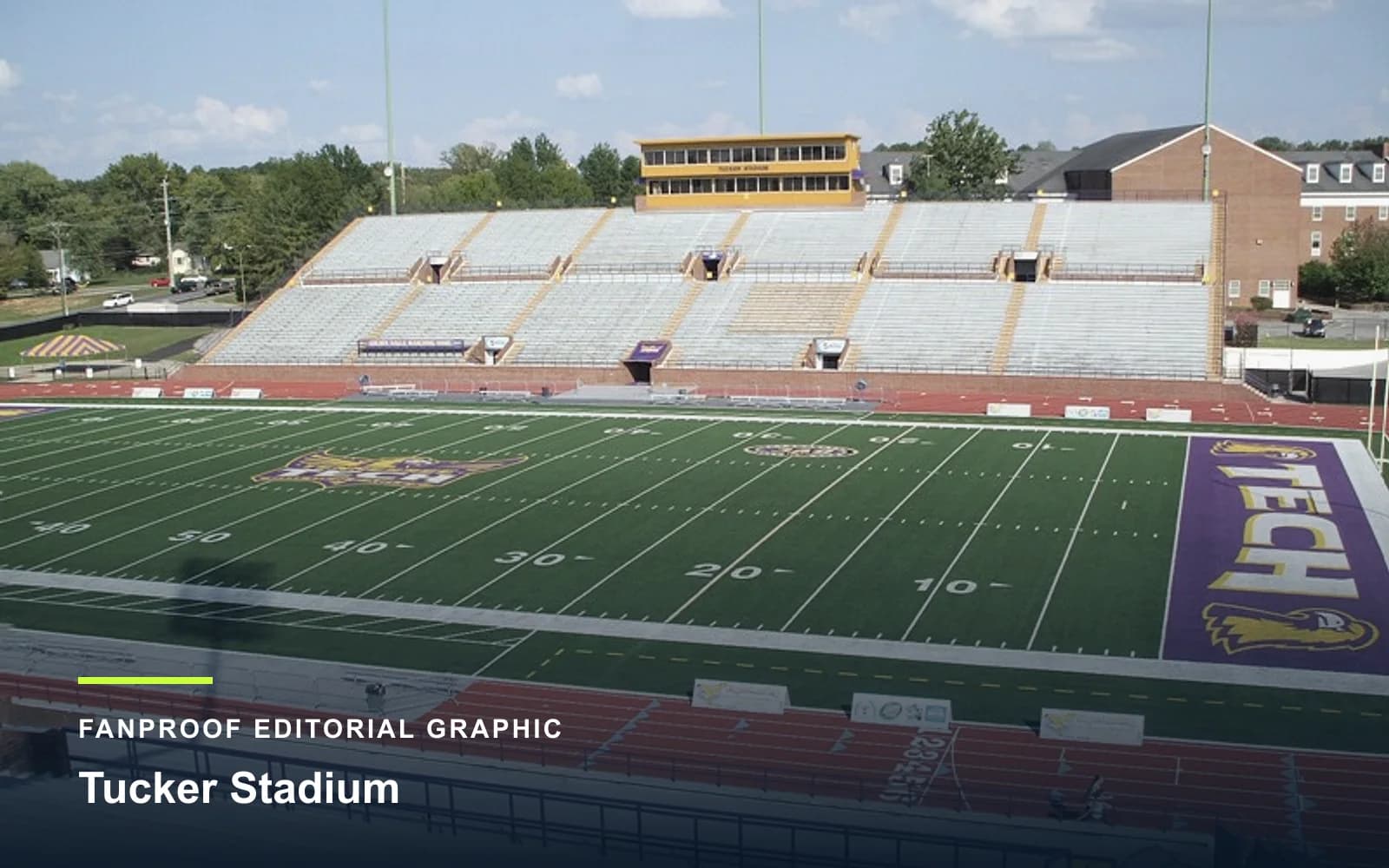 FanProof editorial graphic derived from a reuse-cleared view of Tucker Stadium, home of Tennessee Tech Golden Eagles football.