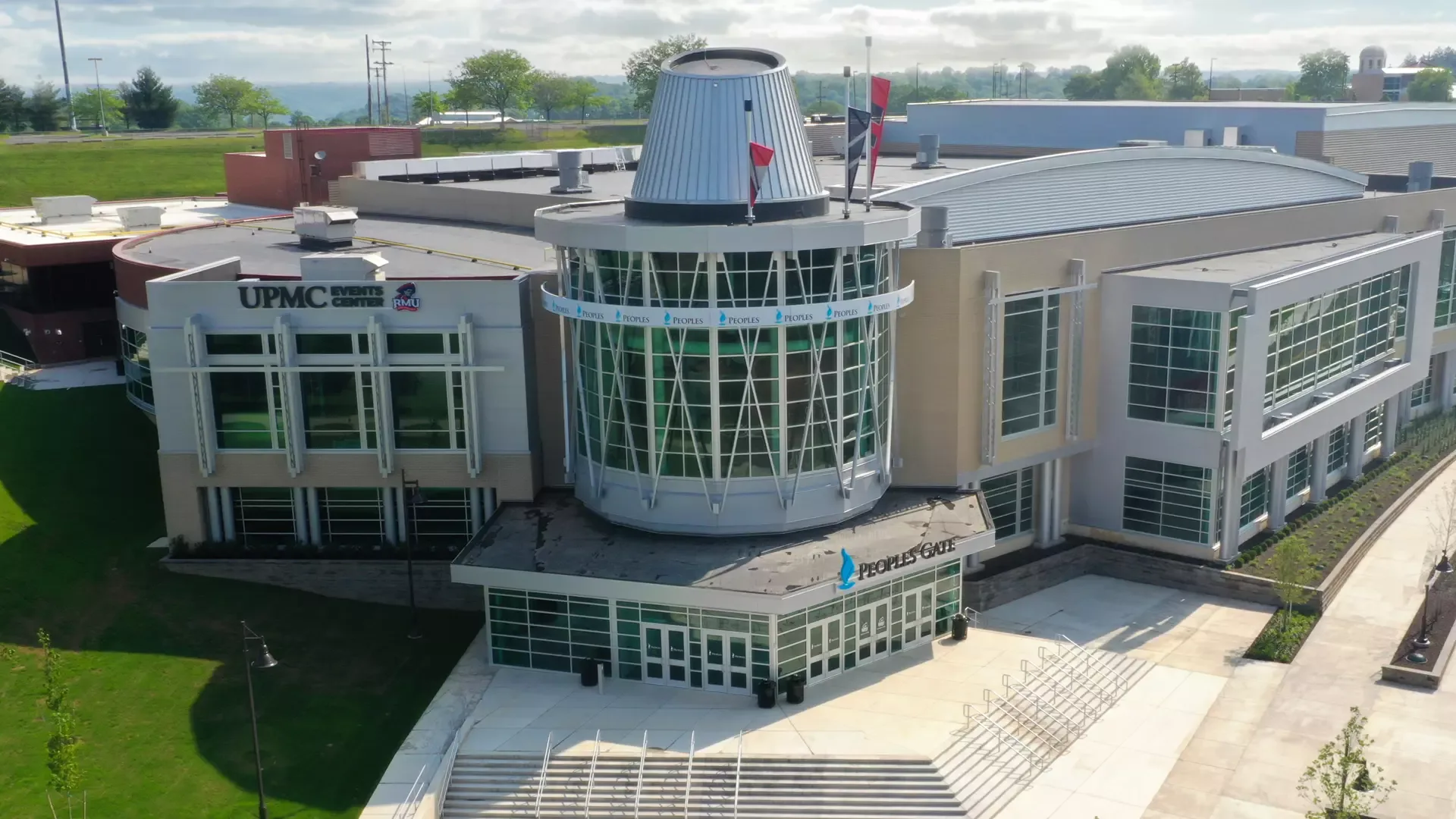UPMC Events Center’s exterior and entrance plaza in an official facility photograph published in October 2020.