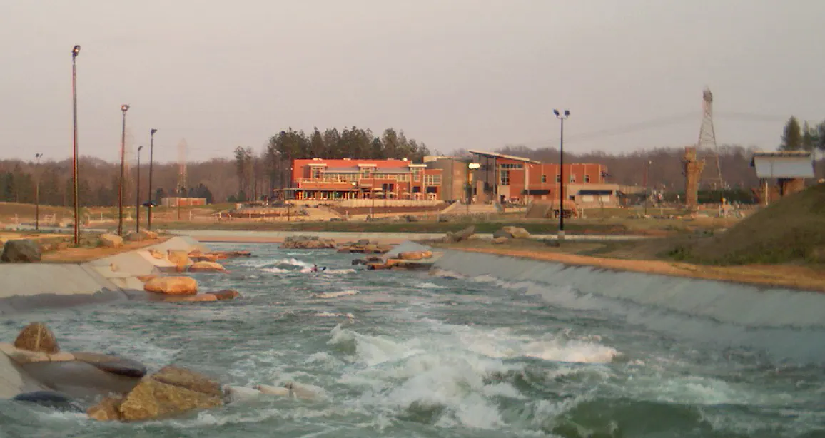 Wide view across the whitewater channels at the U.S. National Whitewater Center