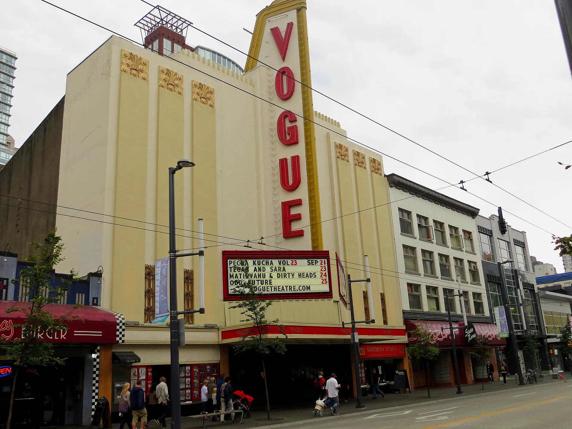 Full Granville Street exterior and marquee of Vogue Theatre in Vancouver