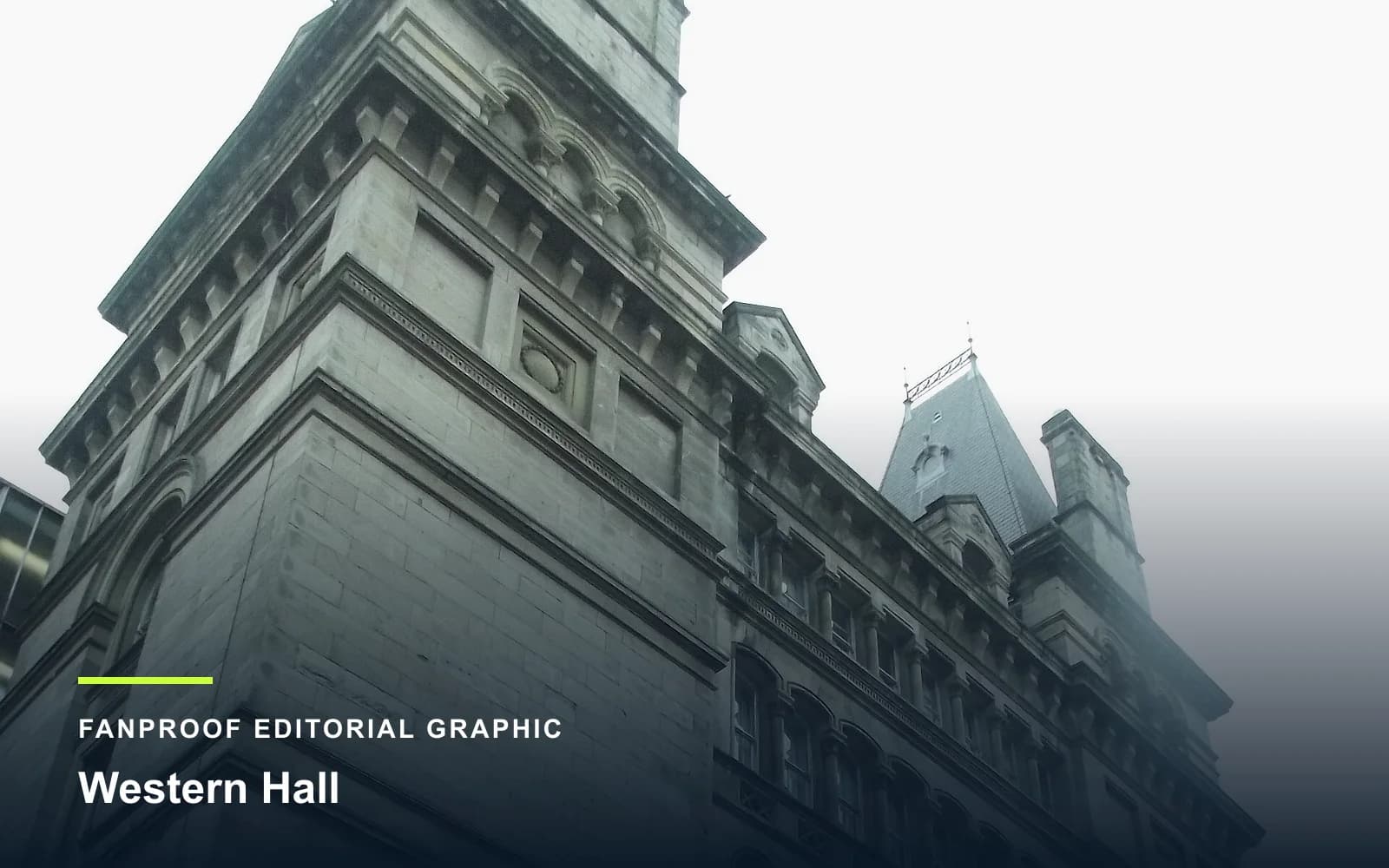 FanProof editorial graphic derived from a reuse-cleared view of Western Hall, home of Western Illinois basketball.